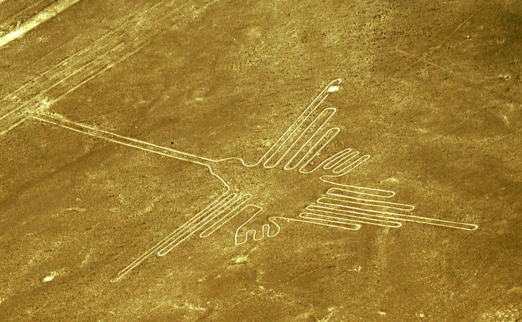 Nazca Lines — the hummingbird. Since I flew over the lines during the afternoon, I had to increase the shadows drastically in the photo. (Photo by Kirsten Koza)