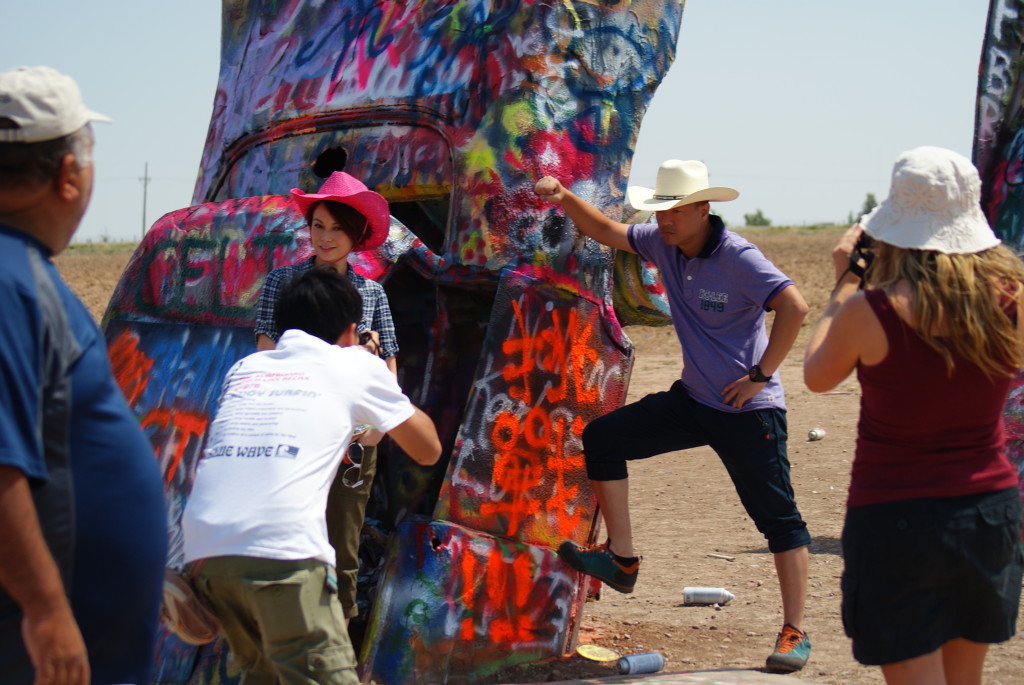 Chinese celebrities at Cadillac Ranch. (Photo by Kirsten Koza)