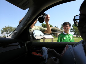 Rigging the storm chase vehicle with cameras. (Photo by Kirsten Koza)